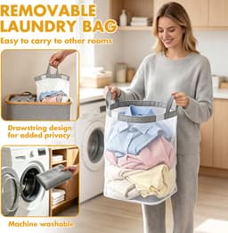 Soontrans - Wasmand 2 Vakken - Wassorteerder met Deksel - 54x34x55cm - Uitneembare Waszakken - Bamboe-lijst - Afneembaar - 102L - Grijs — thumbnail 5