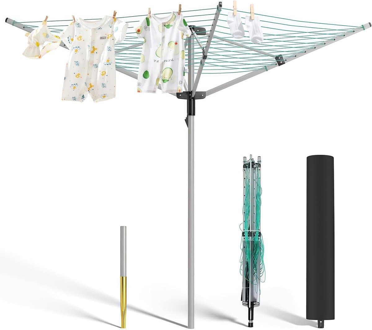 Opvouwbare droogmolen - Buitendroger Toren - Kleding Drogen Buiten - Eenvoudig Openen Sluiten - 40 Meter Waslijn - Zilver — afbeelding 1