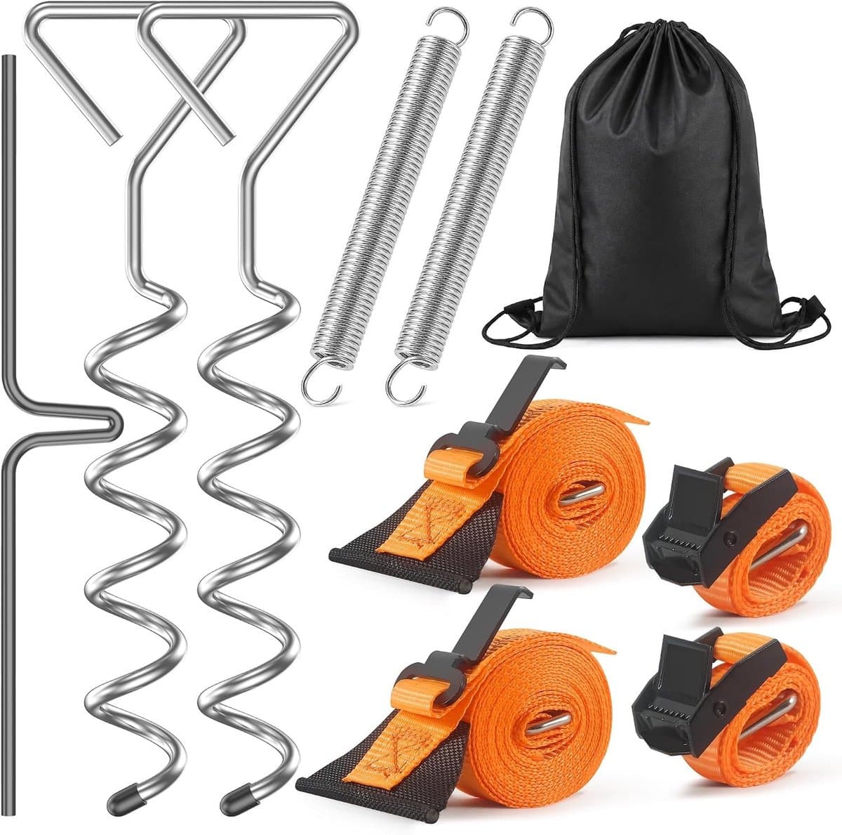 Grondanker - Metaal en Nylon - 40 cm Schroefpen met Verstelbare Spanband en Veer - Voor Caravan en Camper Luifels — afbeelding 1