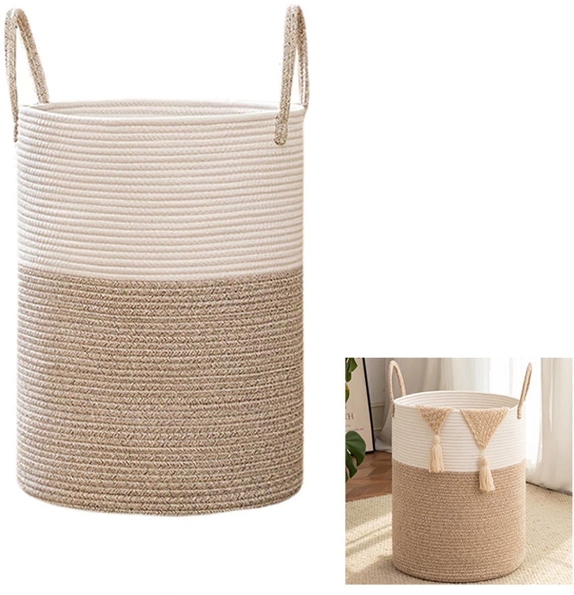Wasmand van katoentouw - Wasmand van gevlochten katoentouw - Opvouwbare wasmand - Diverse mand - Wasmand - Opbergmand - 38*50,5 cm - Verstevigd handvat - Geschikt voor badkamers, kinderkamers, woonkamers, enz. - Bruin, wit — afbeelding 1