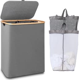 iEGrow Wasmand, 2 compartimenten, 150 liter, grote wasmand met uitneembare en wasbare binnenzakken, met deksel en handvat, voor slaapkamer, wasruimte, badkamer (grijs) — thumbnail 1