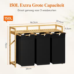 Wasmand met bamboeframe, 150 liter, wasverzamelaar, 3 vakken, afneembare wasbox, bamboe, wassorteerder voor kleding, handdoeken, speelgoed, 96. 2 x 33,4 x 72 cm, zwart — thumbnail 3