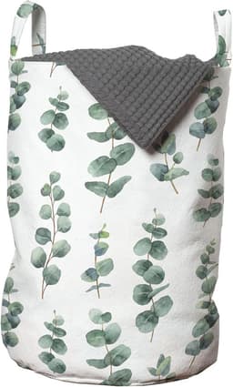 Eucalyptus waszak, aquarel zoals bladeren, wasmand met handgrepen, koordsluiting, voor wasserette, 33 cm breed x 49 cm hoog, lauriergroen wit — thumbnail 1