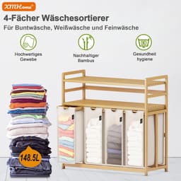 198 liter wasverzamelaar, 4 vakken, wasmand met dubbele plank | bamboe wasbox met uitneembare waszakken, ruimtebesparend voor badkamer, slaapkamer, waskeuken, grijs — thumbnail 5