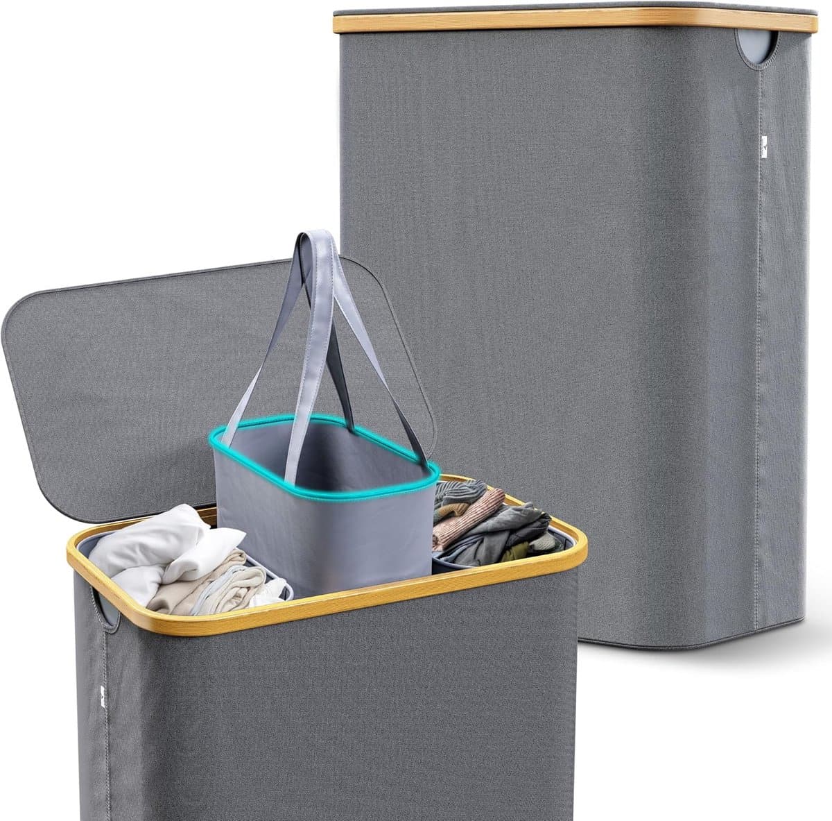 Wasmand 3 vakken – 160 l wassorteerder & wasverzamelaar met deksel – bamboeframe en stabiele metalen ringen – opvouwbaar, smal & met 3 uitneembare, wasbare zakken – grijs — afbeelding 1