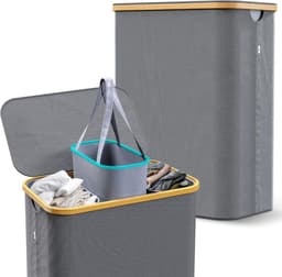 Wasmand 3 vakken – 160 l wassorteerder & wasverzamelaar met deksel – bamboeframe en stabiele metalen ringen – opvouwbaar, smal & met 3 uitneembare, wasbare zakken – grijs — thumbnail 1