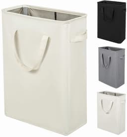 SnelShoppen - Smalle Opvouwbare Wasmand 45L met Handgrepen - Beige, Perfect voor Compacte Ruimtes, Slaapkamers en Studentenhuizen — thumbnail 1