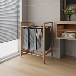 MIVRAY Wasmand – 90 Liter 3 Vakken Met Wielen – 83 x 60 x 40 cm – Bamboe – Houtskool En Naturel – Uitneembare Waszak — thumbnail 5