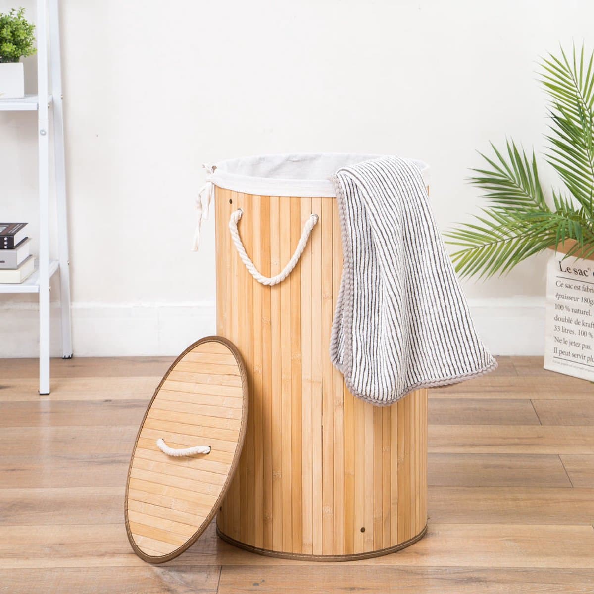 Grote Ronde Bamboe Wasmand met deksel - 80 L - Wasmand 1 Vak met stoffen waszak - Opvouwbaar - Wassorteerder Rond — afbeelding 1