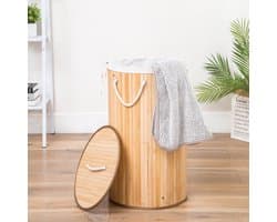 Grote Ronde Bamboe Wasmand met deksel - 80 L - Wasmand 1 Vak met stoffen waszak - Opvouwbaar - Wassorteerder Rond
