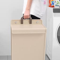 iBright hangende wasmand met Deksel - Inklapbare waszak - 60 Liter - Inclusief Muurbevestiging - Beige — thumbnail 2