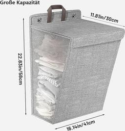 iBright hangende wasmand met Deksel - Inklapbare waszak - 60 Liter - Inclusief Muurbevestiging - Grijs — thumbnail 2