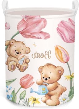 Roze teddybeer tulpenbloem kinderwasmand met deksel - ronde opbergmand voor babykamer - 36 x 45 cm — thumbnail 1