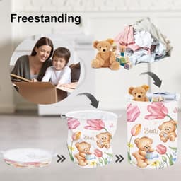 Roze teddybeer tulpenbloem kinderwasmand met deksel - ronde opbergmand voor babykamer - 36 x 45 cm — thumbnail 5
