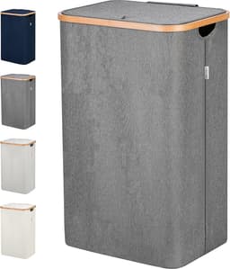 Grijze Wasmand met deksel en handgrepen XXL 100 L - Lonbet - grote wasmand wasbak Laundry basket with lid & handles — thumbnail 2
