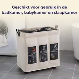 Wasmand 3 Vakken - Wassorteerder - 95L - Opvouwvare Wasmand - Wit - Inklapbare - Op Wielen - Met Hengsel - Voor Badkamer, Babykamer, Slaapkamer - Opbergmand - Speelgoedmand — thumbnail 5