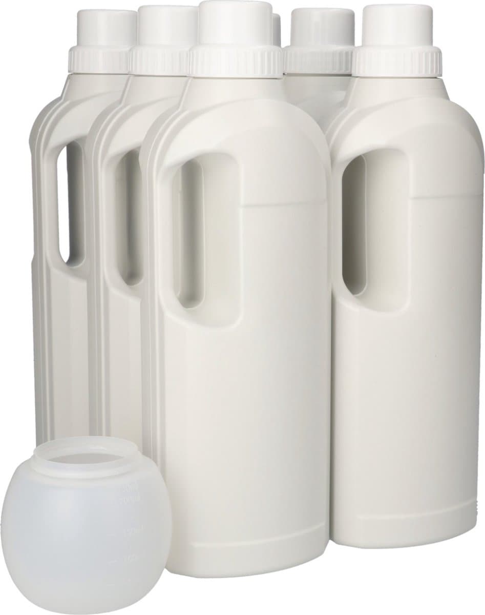 6 x Gerecyclede Ovale Fles 1000ml met Doseerdop & Wasbol- Gerecycled HDPE Kunststof - Onbreekbaar - ca. 70% minder Co2 uitstoot door gerecycled materiaal - 6 stuks — afbeelding 1