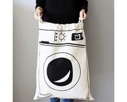 Allernieuwste.nl® Waszak met Wasmachine Print - Wasgoed Opbergtas met Trekkoord - Badkamer Was Zak - Laundry Bag - wit-zwart - 65 x 47 cm