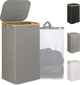 Extra grote 110 liter XL wasmand met deksel en handvat - hoge wasmand met binnenzak voor vuile kleding, speelgoed, handdoeken - grijs — thumbnail 1