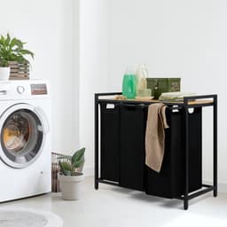 Blumtal Wasmand met 3 vakken - Wasmand met bamboe plank - Metalen frame - Wasmand met poten - Zwart — thumbnail 2