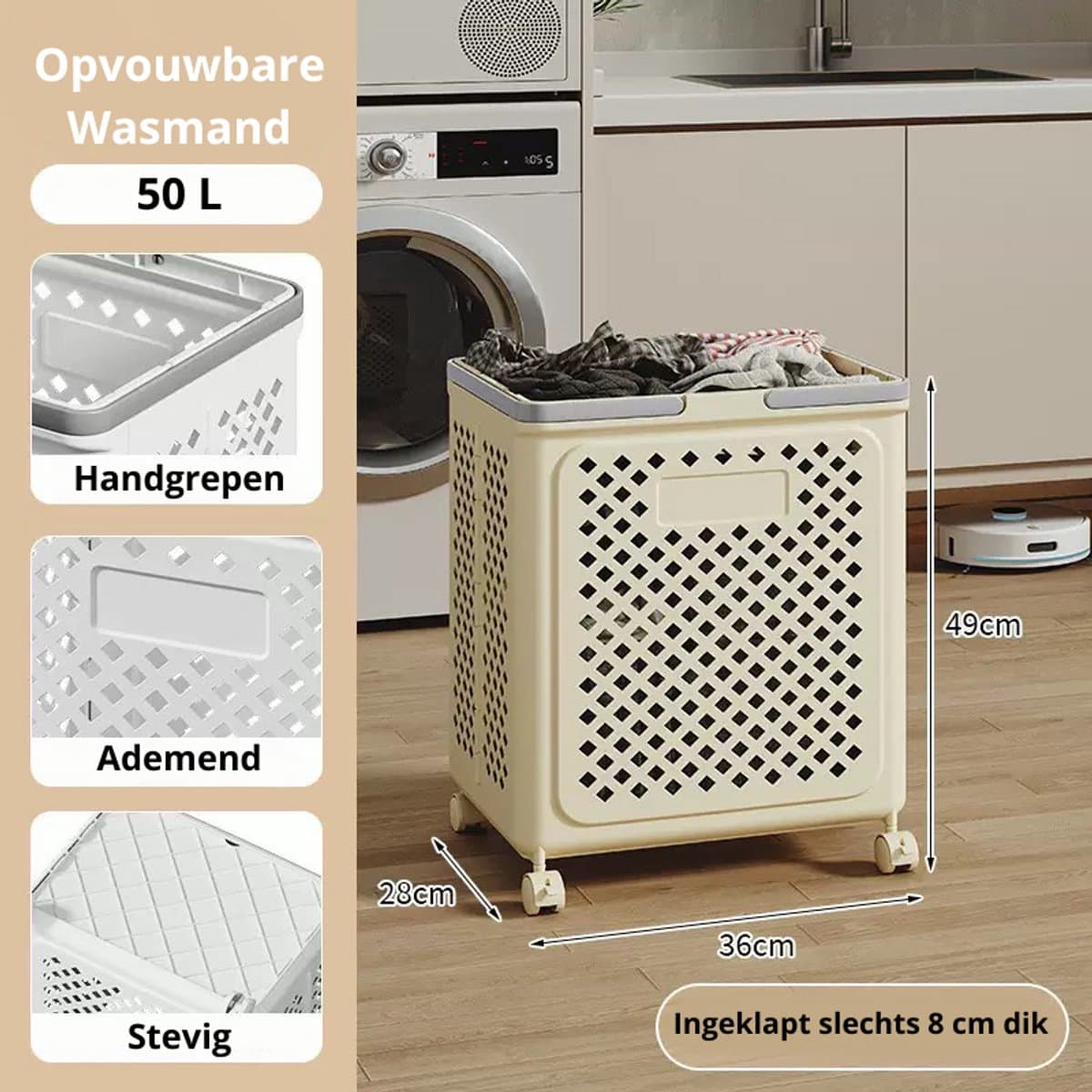 Wasmand - Wasmand opvouwbaar - 28x36x49 cm - 50 L - Met wielen - Met handgrepen - Ademend - Beige — afbeelding 1
