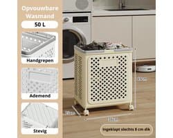 Wasmand - Wasmand opvouwbaar - 28x36x49 cm - 50 L - Met wielen - Met handgrepen - Ademend - Beige