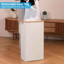 Smal Beige Wasmand met Deksel - 63 Liter - Opvouwbaar - Bamboegrepen — thumbnail 2