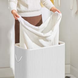 Wasmand Vuile wasmand met deksel,51,5 x 31,5 x 60,5 cm, wit, uitneembare voering, katoenen handgrepen en 2 vakken, 100 liter opslagcapaciteit, geschikt voor wasruimte en slaapkamer, — thumbnail 5