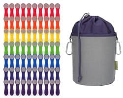 Kleurrijke wasknijpers met roestvrijstalen veren en canvas opbergtas