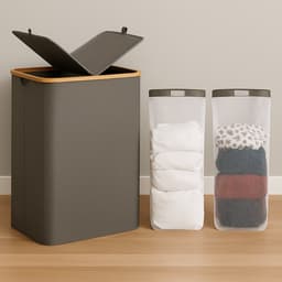 Wasmand met deksel - 140L - 2 Vakken - Duurzaam - Ruimtebesparend - Stijlvol - Grijs — thumbnail 2