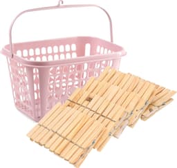 Wasknijpers verzamelen kunststof oud roze mandje met haak en 150x stuks houten knijpers 7.5 cm - Was ophangen — thumbnail 1