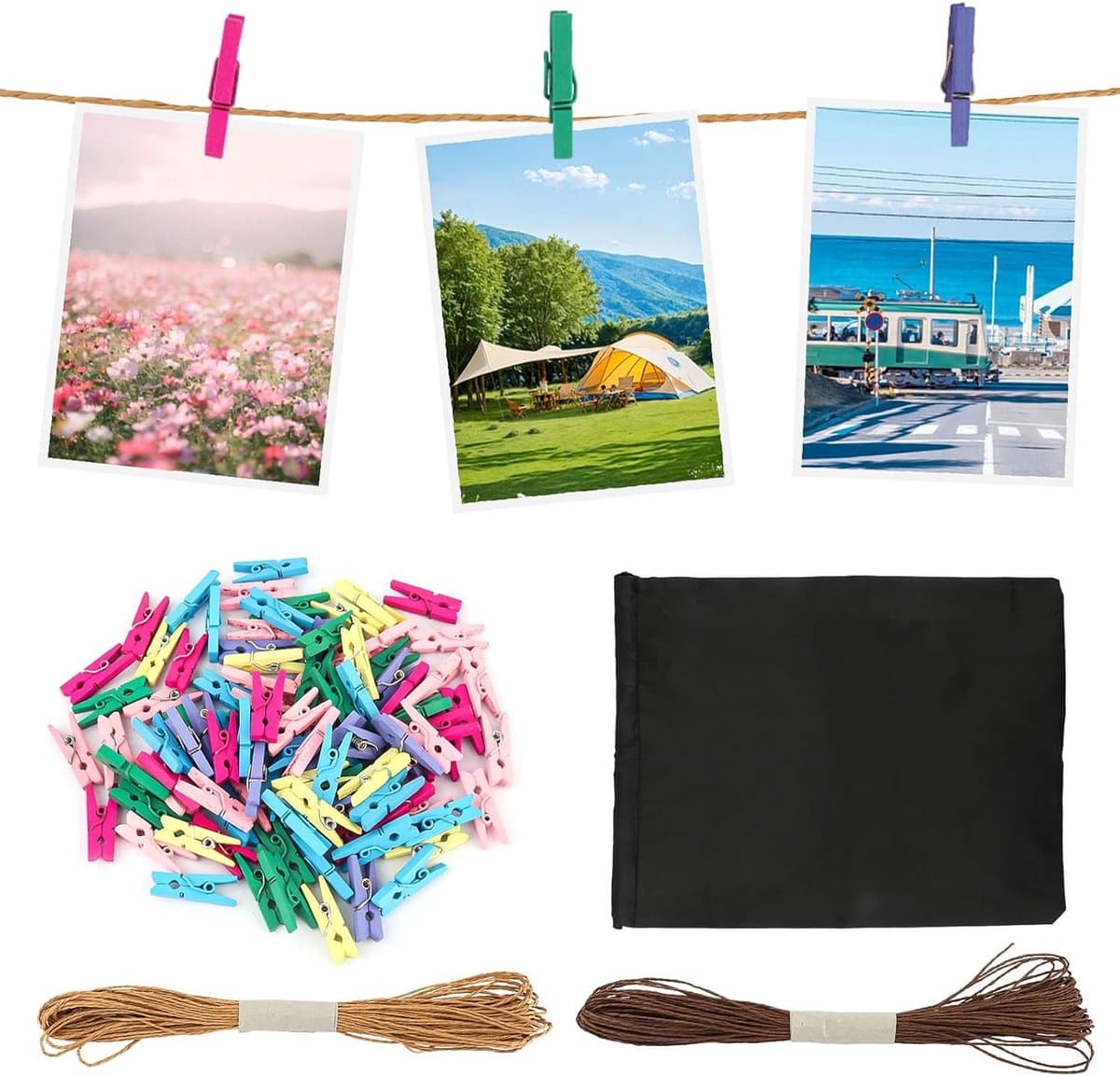 100 Stuks Decoratieve Houten Knijpers met Fotokabels en Opbergtas voor Foto's en Knutselprojecten — afbeelding 1