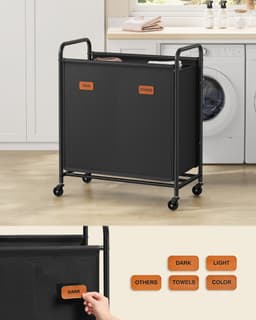 SONGMICS RLS210B01 - Wasmand met 2 Vakken - 140L - Op Wielen - Voor Badkamer Slaapkamer Wasruimte — thumbnail 5