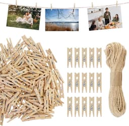 160 Houten Mini Wasknijpers met Jutekoord - voor Foto's, Kaarten, Decoratie — thumbnail 1