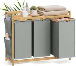 SONGMICS RLH115G01 - Wasmand met 3 Vakken - Bamboe - 150L Capaciteit - Met Opbergrek — thumbnail 1