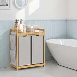 SONGMICS - Wasmand - 2 Vakken - Bamboe - 100 L - Wassorteerder - Met Legplank - Kleine Zijvakken - 2 x 50 L — thumbnail 4