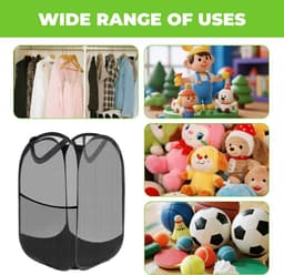 3x Opvouwbare wasmand 36x36x58 cm – Pop-up wasmand zwart – Draagbare wasgoed mand van netstof voor badkamer en camping — thumbnail 3