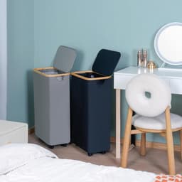 Wasmand met wieltjes - 75 liter - zwart - bamboe handgrepen — thumbnail 3