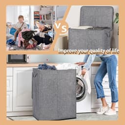 Wasmand met deksel-wasmand 2 vakken- uitneembare waszak - 2 compartimenten - opvouwbaar ontwerp - geschikt voor slaapkamer of badkamer - grote inhoud met handvat - grijs - 50x60x35cm — thumbnail 2