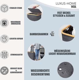 Wasmand met Deksel en 3 Vakken 145 L - Uitneembare Waszak - 3 compartimenten - Verwijderbare Waszak - Wassorteerder wassorteerder — thumbnail 3