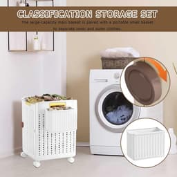 Wasmand op wielen - Opbergbak - Wasgoed Verplaatsen - Ruimtebesparend Ontwerp - 355 x 315 x 375 cm - Wit/Beige — thumbnail 3