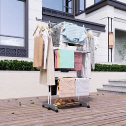 Vouwbare droogtoren met wielen, ruimtebesparende staande droogrek met 6 vleugels en 2 zijvleugels voor binnen en buiten gebruik, grijs en multifunctioneel — thumbnail 4