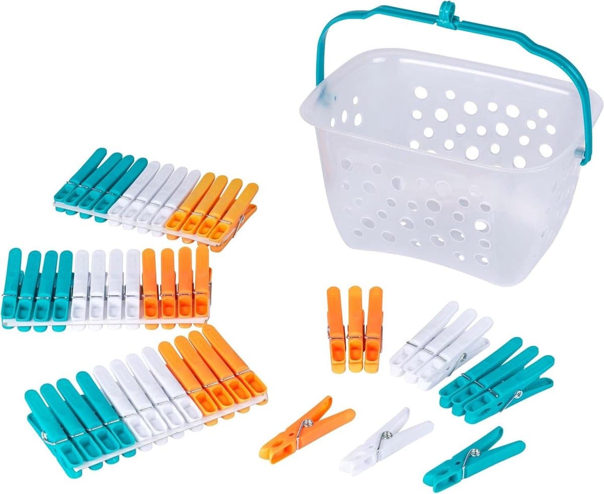 Wasknijpers met mand - Kledingknijpers Set - Was ophangen - Roestbestendig ontwerp - 48 stuks - Multicolor — afbeelding 1