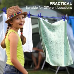 Intrekbare draagbare waslijn met 12 clips en 13 bevestigingsmiddelen - winddichte compacte waslijn voor reizen, kamperen, camper en strand, blauw — thumbnail 4