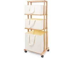 Bamboe wassorteerder met wieltjes - 3-laags wasrek met 4 opbergmanden, 121 cm hoog, 50 kg belastbaar, ruimtebesparend design voor badkamer en bijkeuken