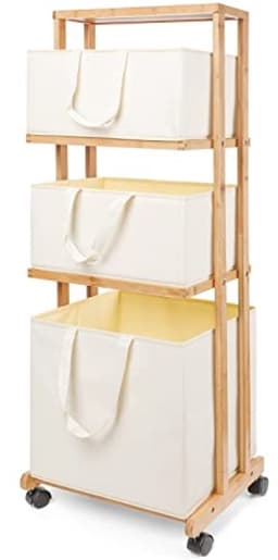 Bamboe wassorteerder met wieltjes - 3-laags wasrek met 4 opbergmanden, 121 cm hoog, 50 kg belastbaar, ruimtebesparend design voor badkamer en bijkeuken — thumbnail 1
