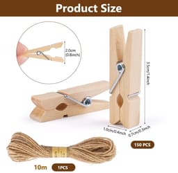 Dailygoods- Wasknijpers 150 Stuks - Kleine Houten Knijpers 3.5cm - Draagbare Knijpers voor Kleding/Foto's - Jute Touw 10m - Perfect voor Decoratie — thumbnail 4
