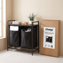 Cheqo® Dubbele Wasmand - Wassorteerder - Wasmand met 2 Vakken - Uitschuifbaar - Wasverzamelaar - met Uitneembare Waszakken - Wasgoedmand - Wasbox - Wasophaler - Zwart - voor Badkamer en Wasruimte — thumbnail 4