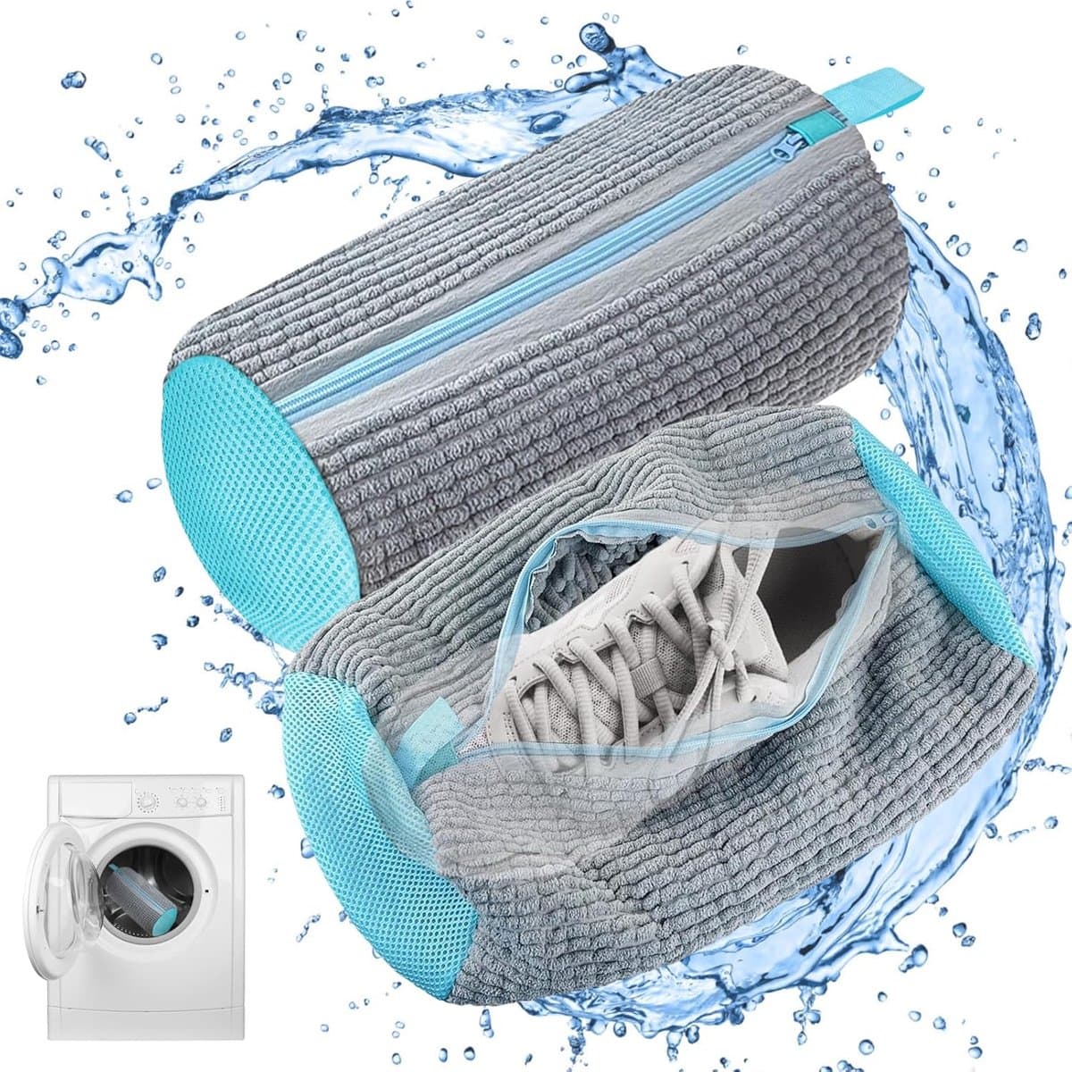 2 stuks schoenwasmachinetas, Waszakken voor de Wasmachine met Ritssluiting, pluche schoenenwaszak,360° reiniging van de tas,multifunctionele bescherming, voor sportschoenen, tennisschoenen (grijs) — afbeelding 1