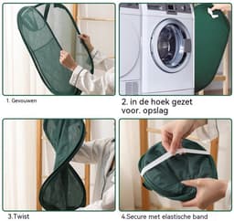 carmdering - Pop-up Wasmand - Opvouwbare Wasmachine Mand - Mesh Waskorf - Snel Openen En Sluiten - Optimale Luchtcirculatie - Polyester Mesh En Stalen Draad - Duurzaam Groen Design - Ideaal Voor Meerdere Ruimtes - 2 Stuk — thumbnail 3